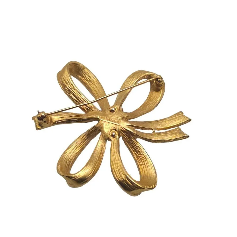 Monet Brushed Double Loop Bow Brooch Pin Gold Tone Vintage 1960s